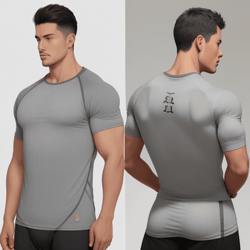 AI generated: three views of a gray short-sleeved training t-shirt, comfortable, loose-fitting and light to train ...