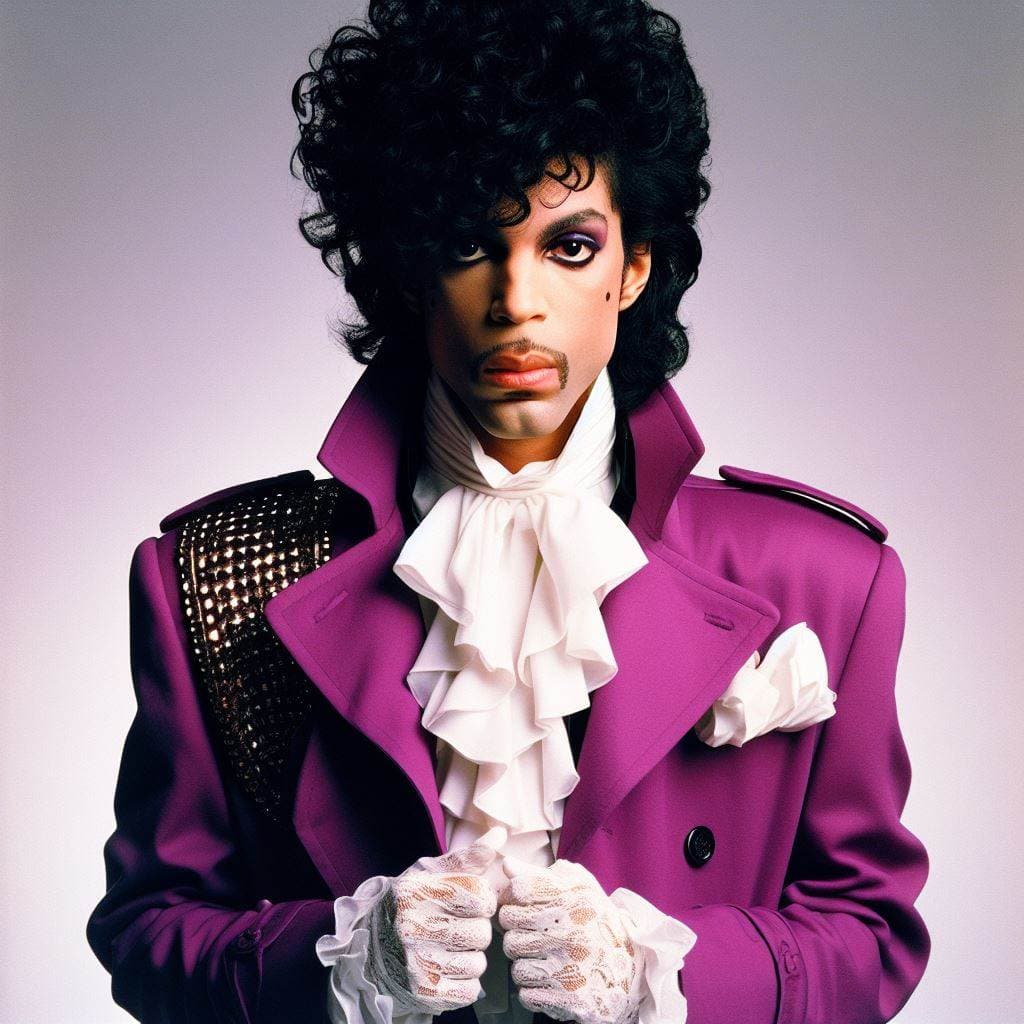 AI generated: vhs portrait shot of prince in 1984, upper body shot, purple rain, black colored pants, purple trenc...