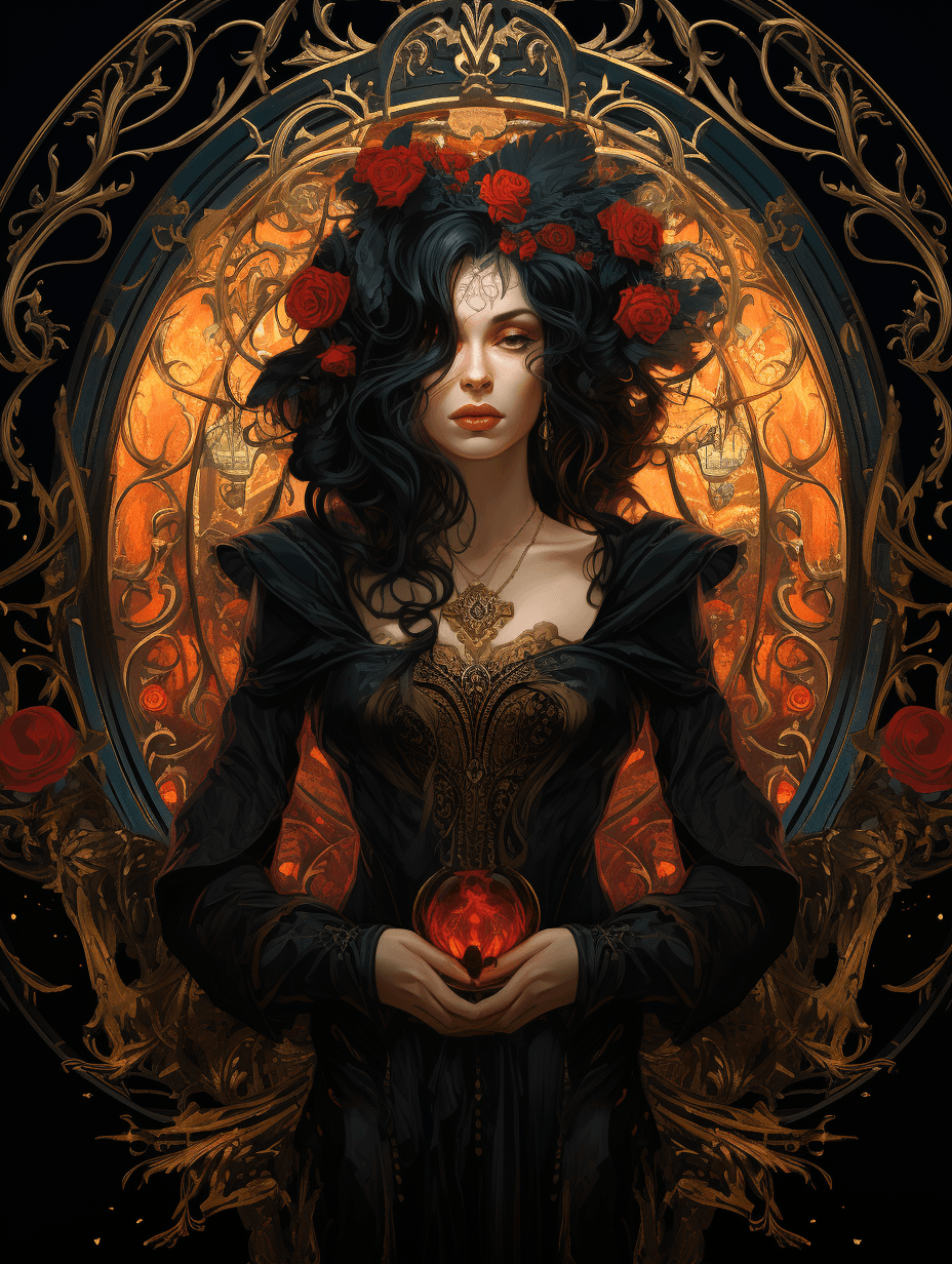 AI generated: Art Nouveau, portrait, beautiful, atmospheric, 4k, mysterio, insane details, dramatic lighting, taro...