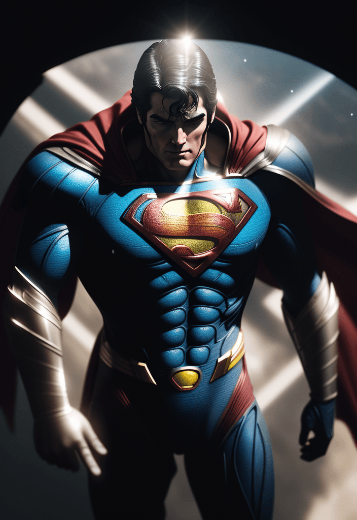 AI generated: Superman in space, facing camera, finely detailed helm, armor, spear and shield, intricate design an...