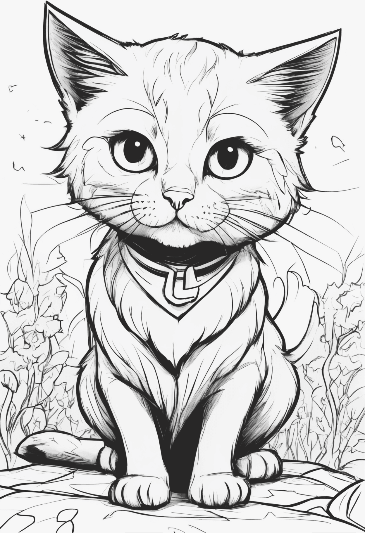 AI generated: portrait of a Cat head and shoulders, b&w outline art for kids coloring book page, Kids coloring pag...