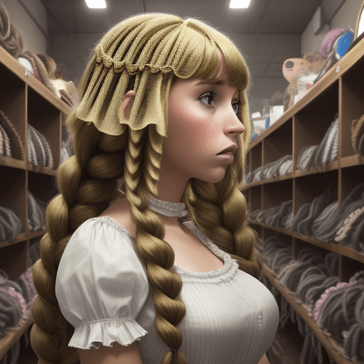 AI generated: High resolution image of a young lady surrounded by several braid wigs in a wig shop. she is confuse...