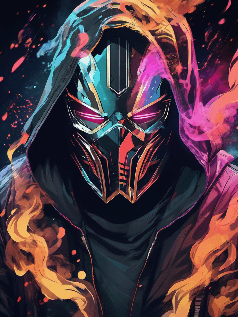 AI generated: portrait of a badass person in mask, brutal, light colors, smoke, in the style of comics, 8k, dark b...