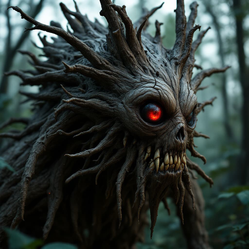 AI generated: a scary looking wood creature with a red eye, in the style of filip hodas, daz3d, sandy skoglund, na...