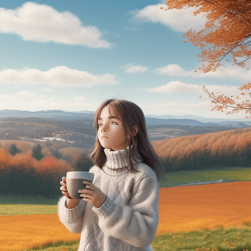 AI generated: A girl is standing on a hill, looking up at a crisp fall sky filled with fluffy clouds. The girl is ...