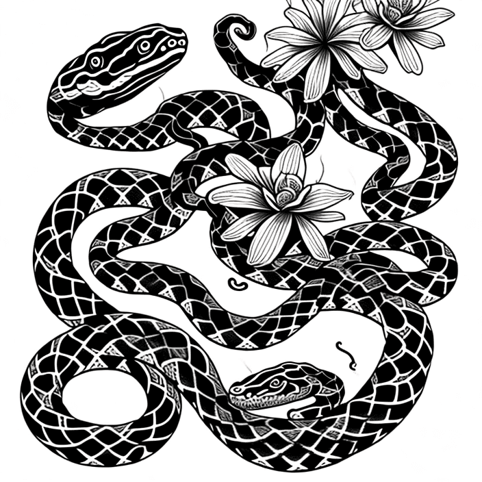 AI generated: snakes with flowers, tattoo sketch, smooth transitions, black patterns