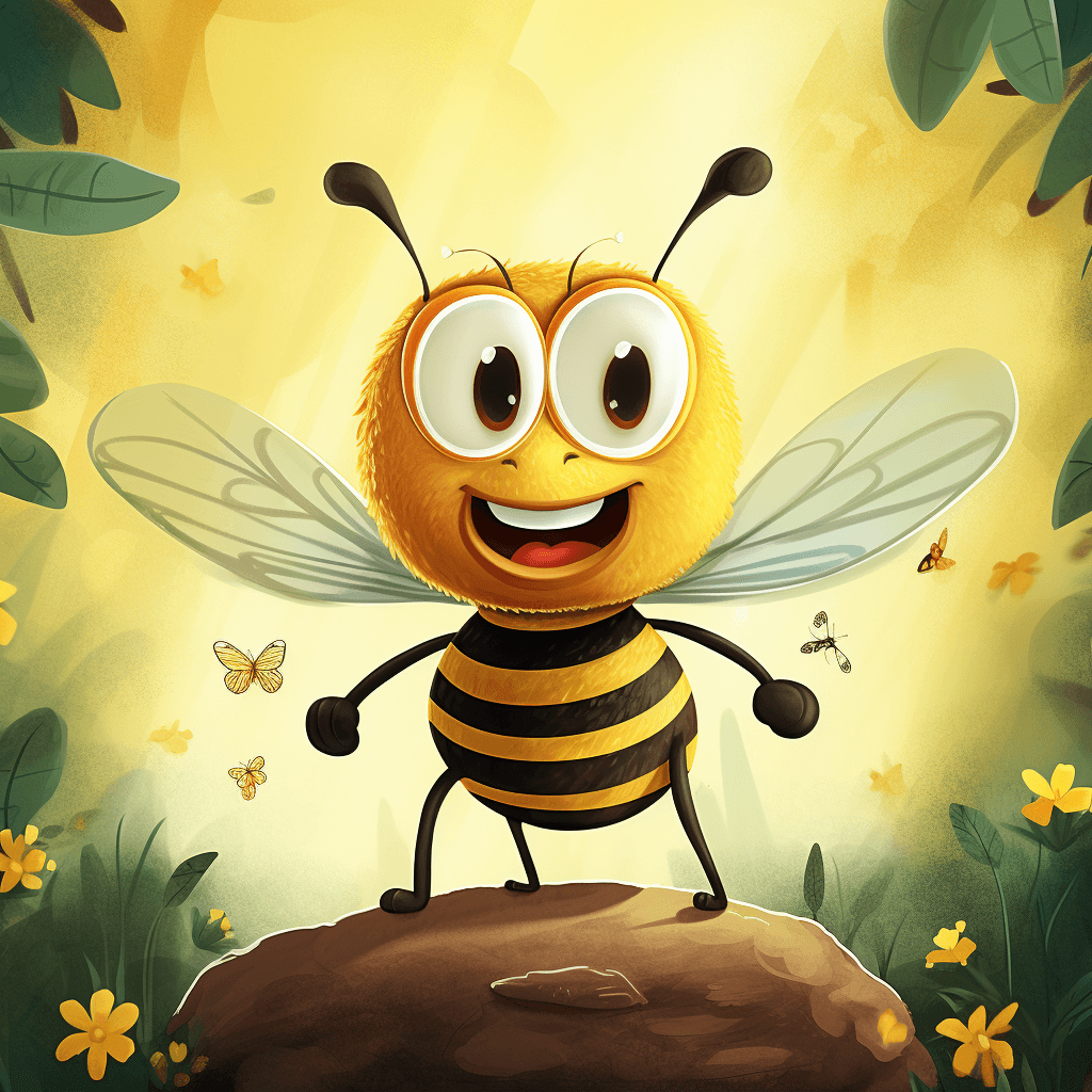 AI generated: Buzzy the Bee, big round eyes, striped antennae, fluffy wings, whimsical style, Adobe Illustrator, s...