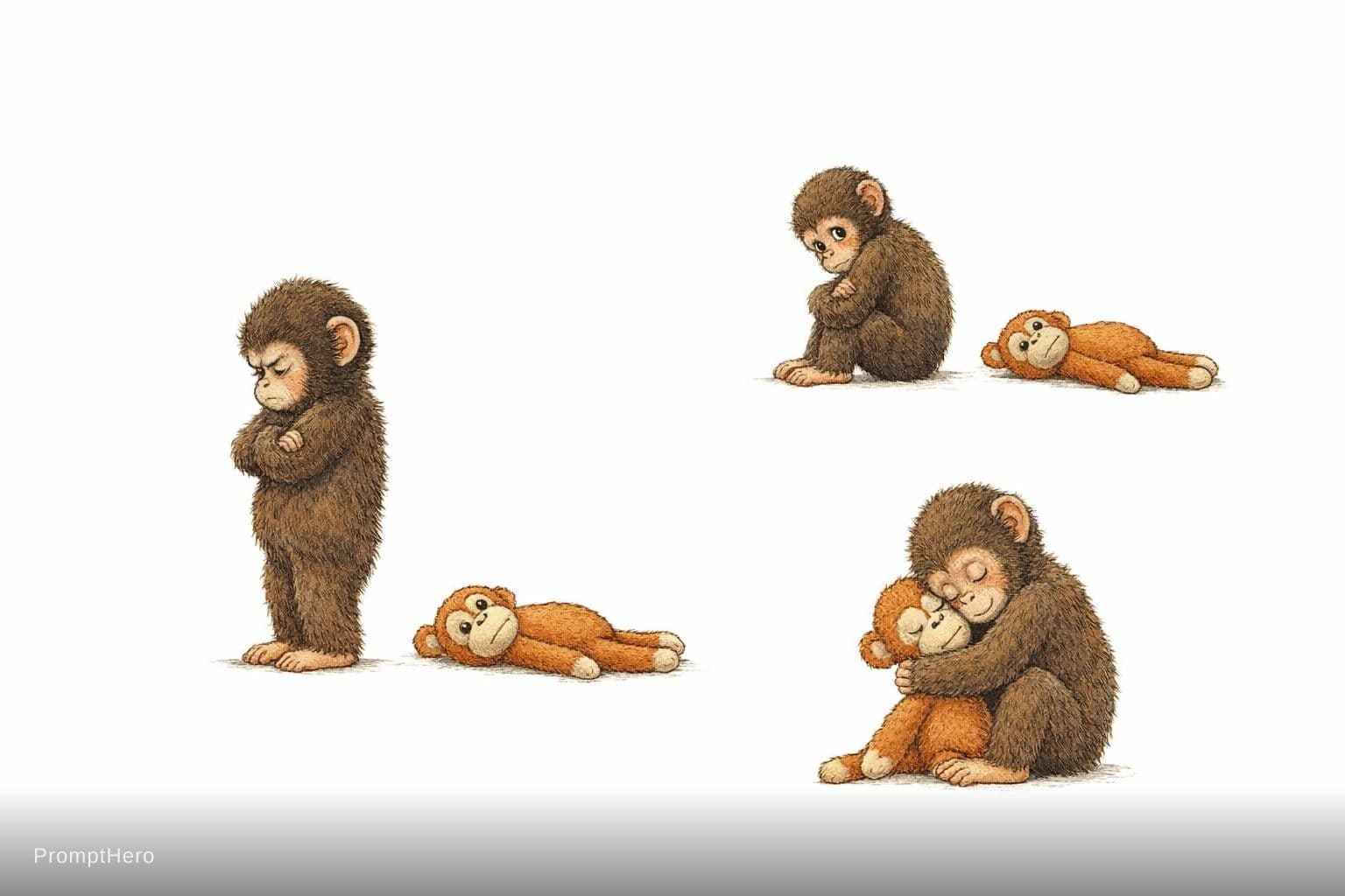 AI generated: vintage children's book illustration, emotional storytelling with 3 scenes, cute baby monkey with fl...