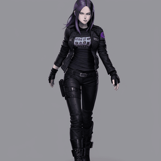 AI generated: Resident Evil 9 

Girl:
she has blue eyes, long purple hair, her clothes are a black t-shirt, a blac...