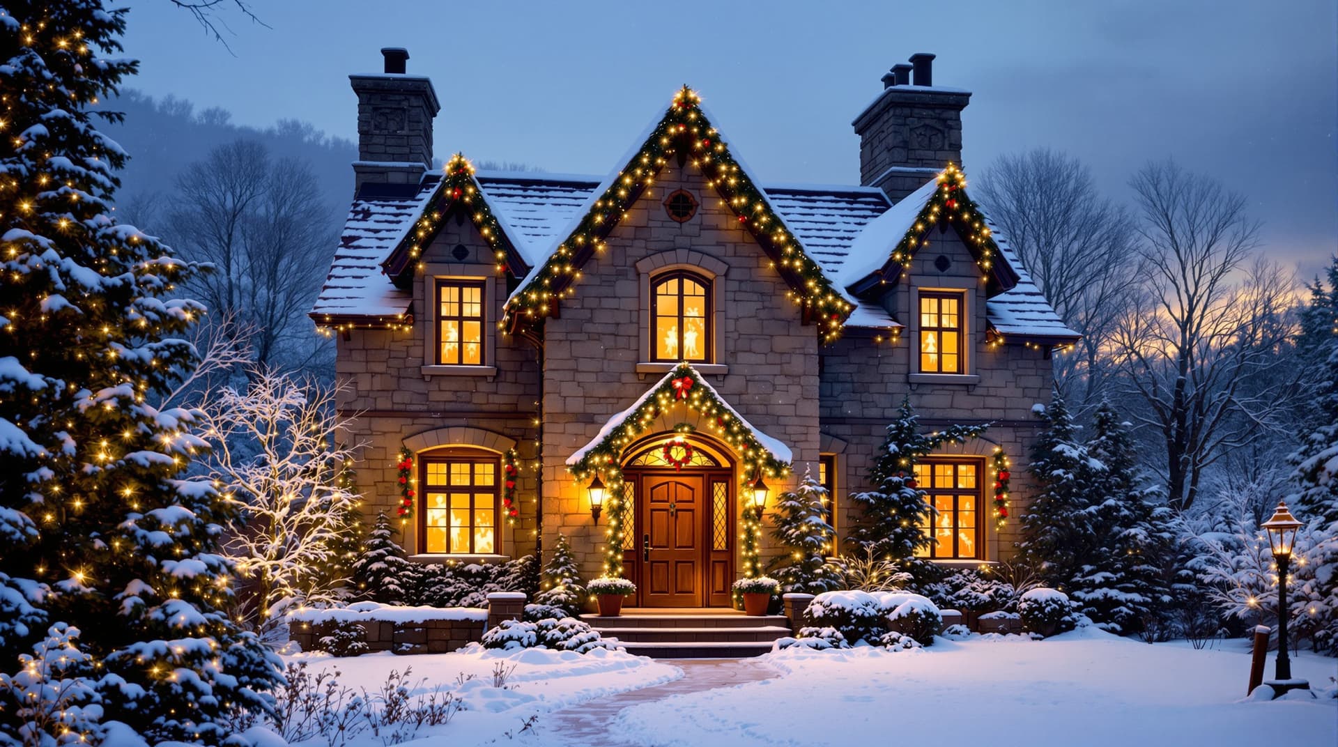 AI generated: "A cozy old stone house stands peacefully on a snowy winter evening, its warm golden lights glowing ...