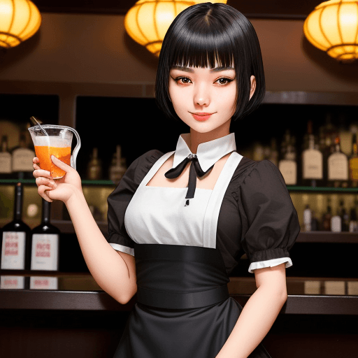 AI generated: Asian girl 21 years old, with maid costume, black short hair, hands under the chin making a cute pos...