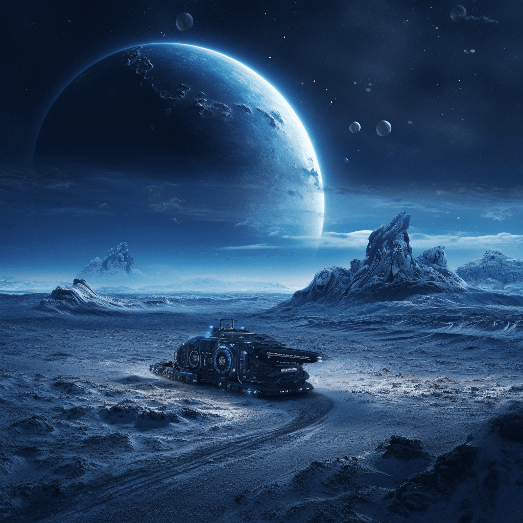 AI generated: two blue planets in the dark sky::1, light armored vehicle with cabin, rolling across a frozen plain...
