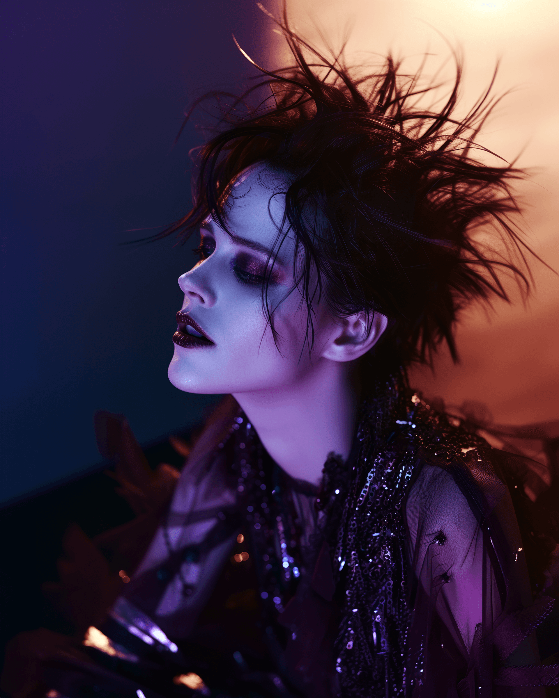 AI generated: kristen stewart for glamour, in the style of metalwork jewelry, net art, fujifilm x100v, dark brown ...