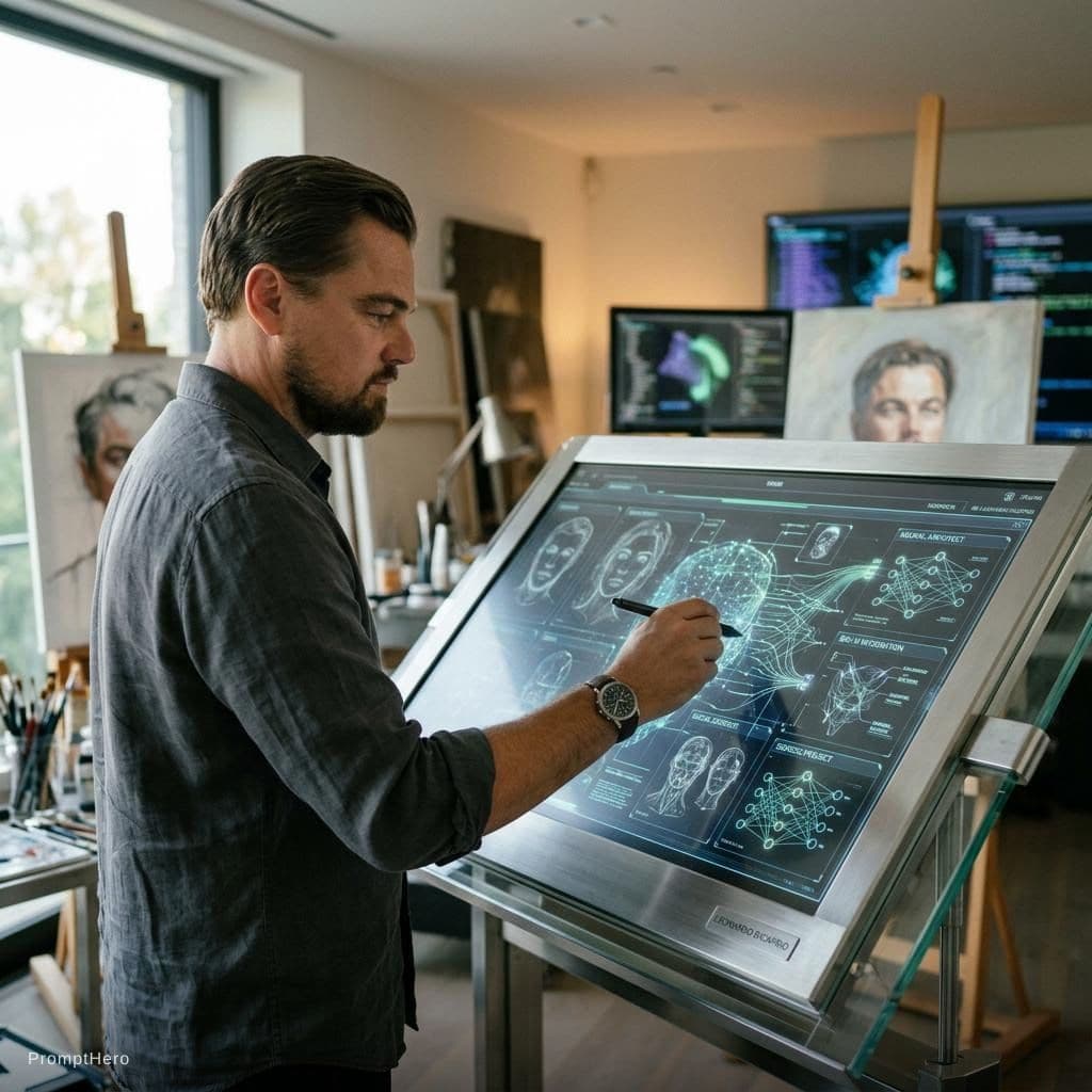 AI generated: The great painter Leonardo DiCaprio in front of a drawing board that is part of artificial intellige...