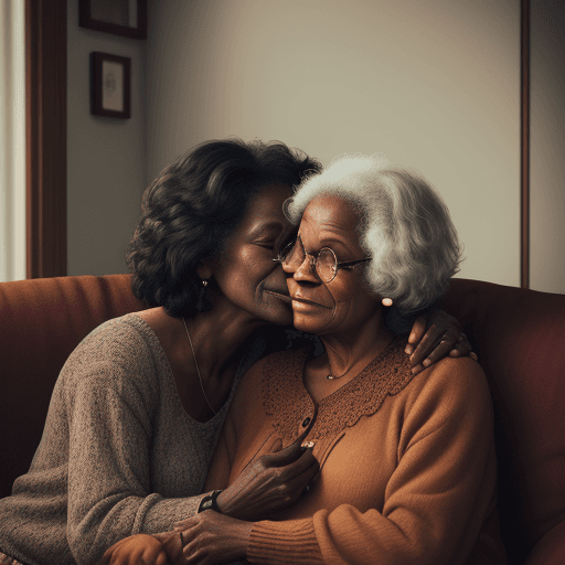 AI generated: Black old woman, 70s, seated on a cosy couch, whispering into, 30-year-old daughter`s ear, intimate ...