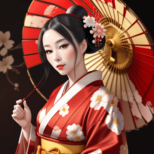 AI generated: Masterpiece, 4K, beautiful, kimono, red, white flower pattern, silk kimono, shiny kimono, red kimono...