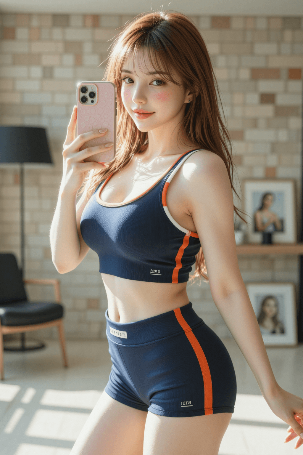 AI generated: A detailed, photorealistic, cinematic vertical medium shot of a fit young East Asian woman taking a ...