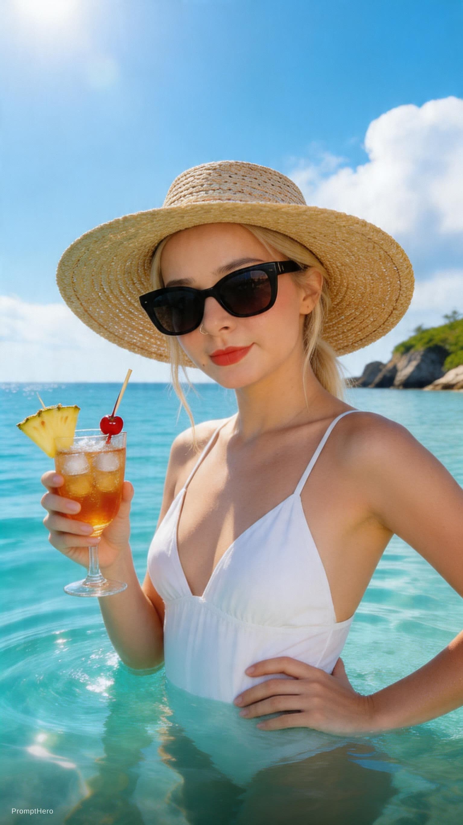 AI generated: A photorealistic, cinematic portrait of a woman standing waist-deep in crystal-clear turquoise water...