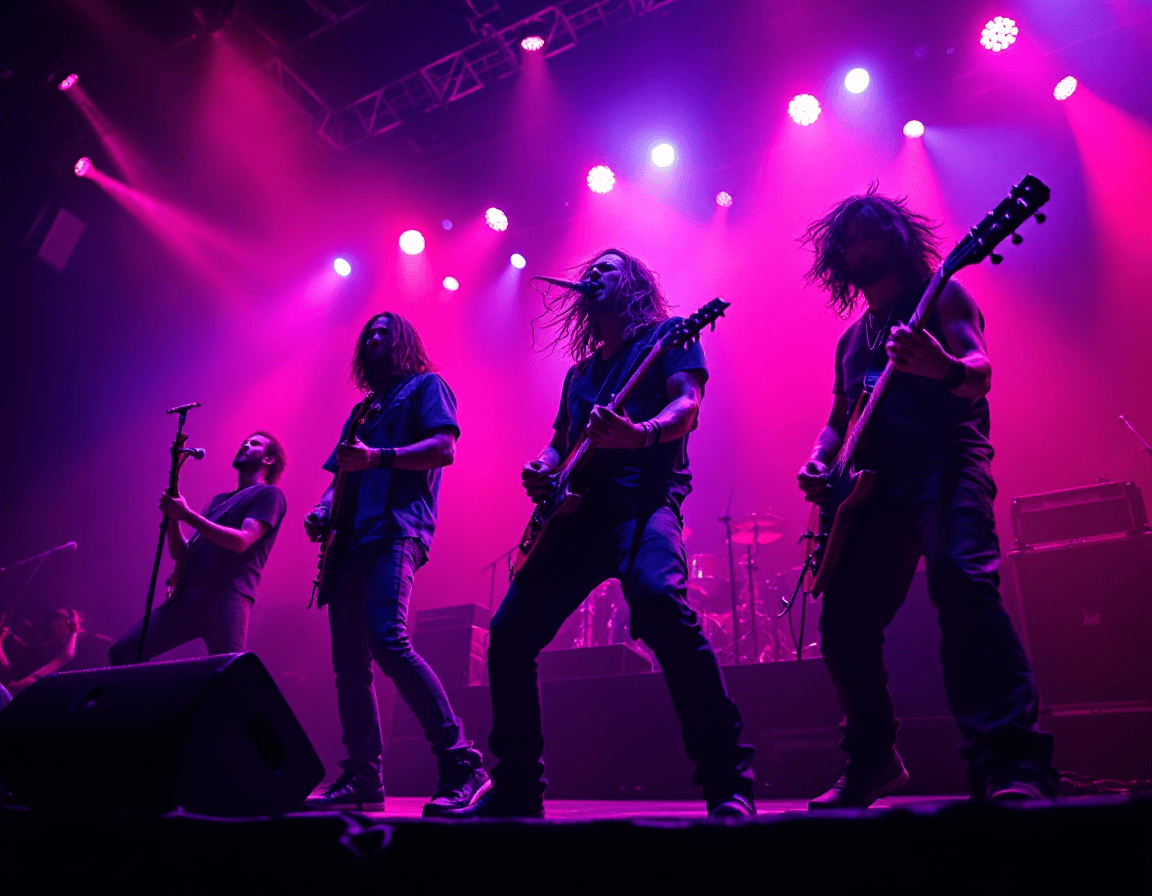 AI generated: Low angle view. Hyper-realistic image of a rock band on stage, performing in a crowded nightclub. Pi...