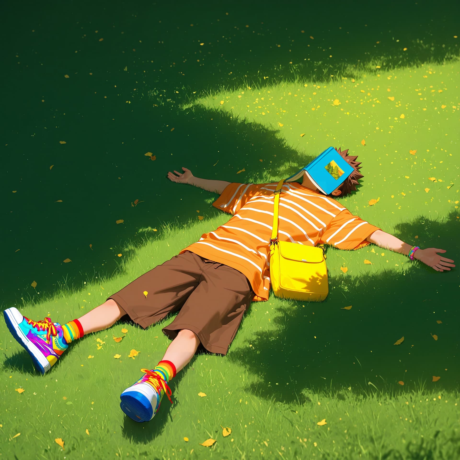AI generated: 1boy, solo, brown hair, spiked hair, covered face, brown shorts, orange shirt, striped shirt, short ...