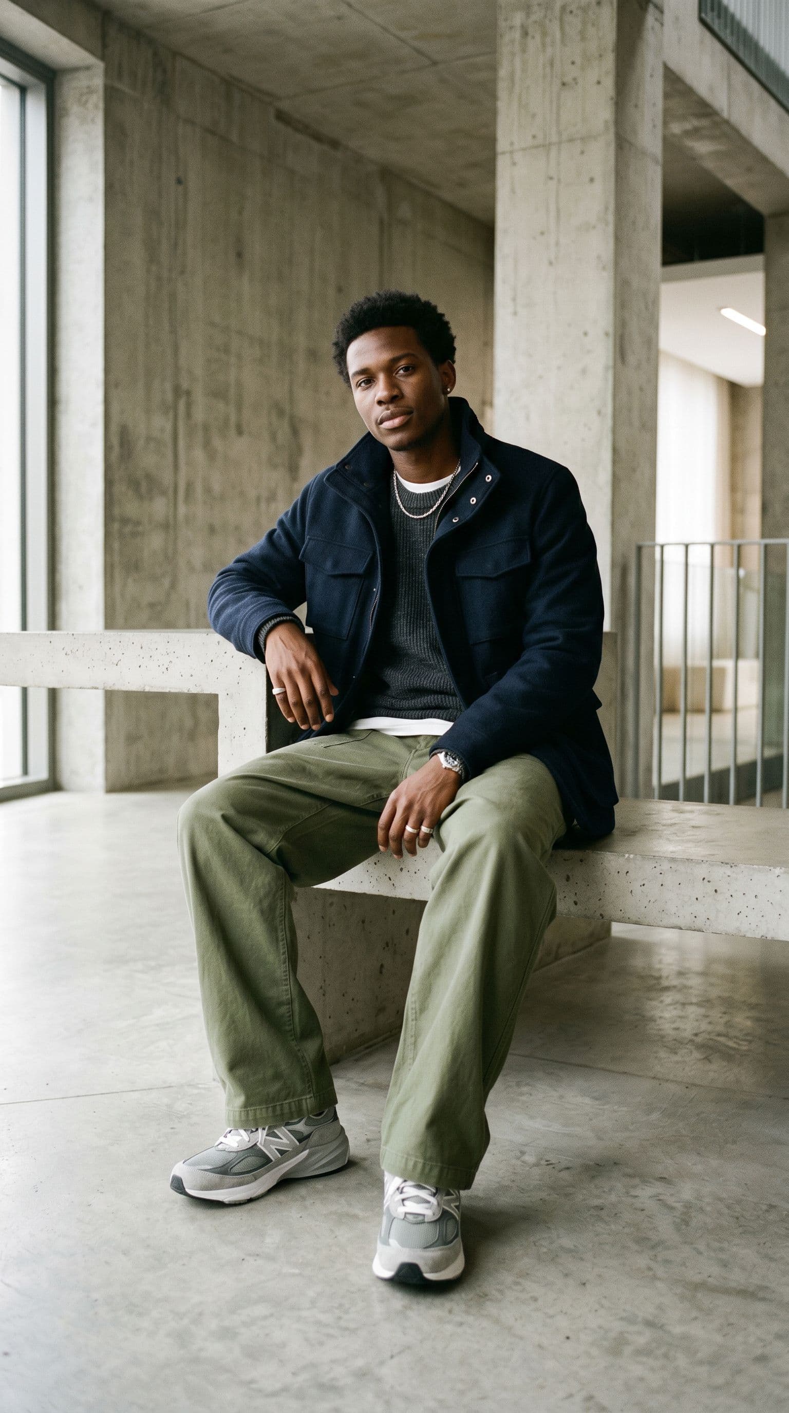 AI generated: Create a high-end fashion image of a male model wearing relaxed luxury streetwear with wide-leg trou...