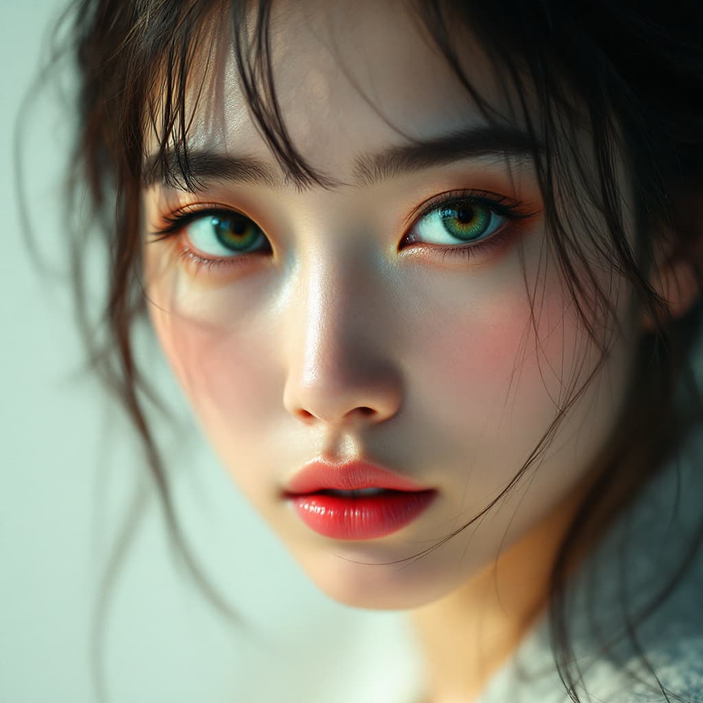 AI generated: an Asian woman with green eyes, in the style of light amber and pink, blurred imagery,  georg jensen...