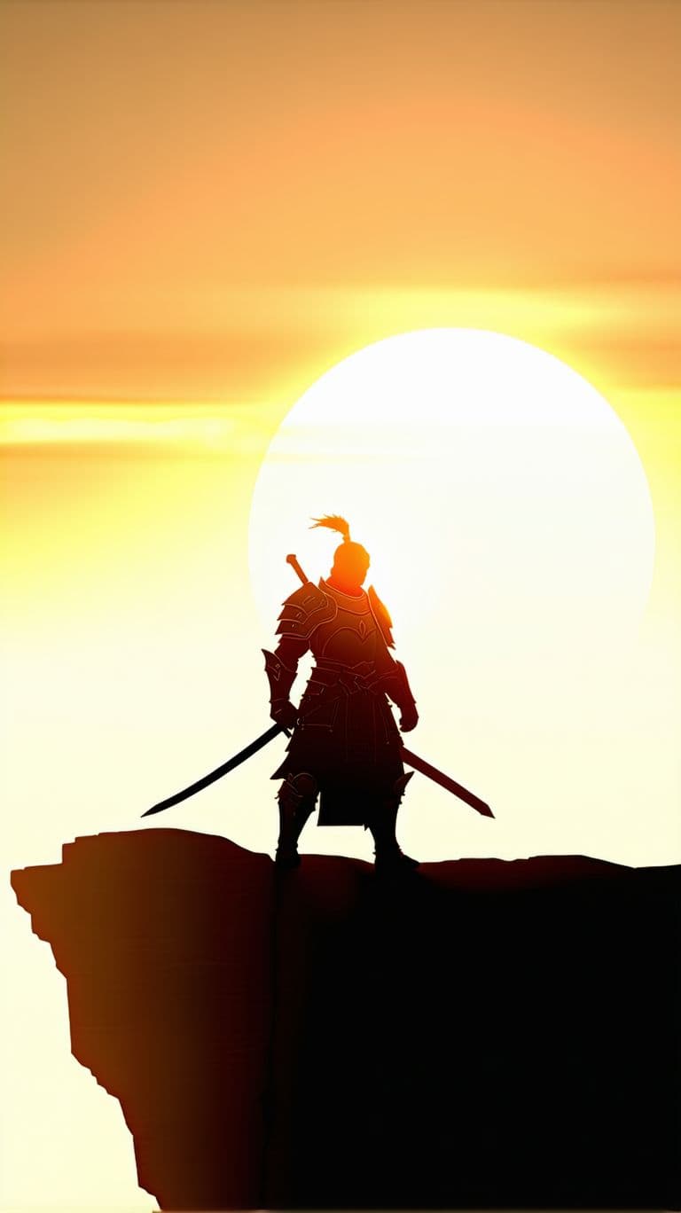 AI generated: "A lone warrior standing on the edge of a cliff, sword in hand, looking at the horizon where the sun...