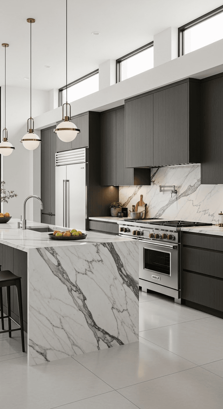 AI generated: "An ultra-realistic, wide-angle shot of a spacious, modern luxury kitchen. Feature a large central i...