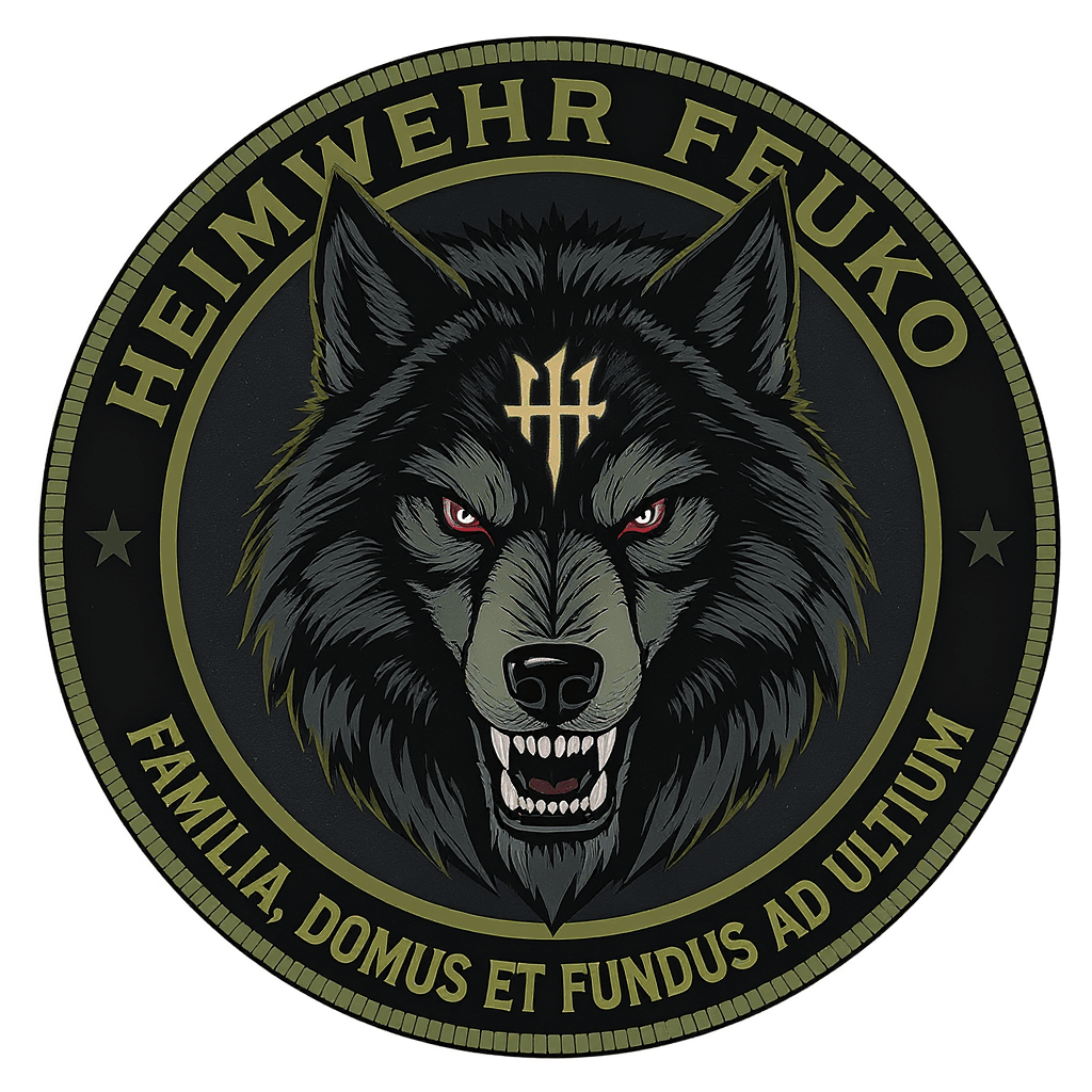 AI generated: Create a round military-style patch design. In the center, a fierce, symmetrical wehrwolfhead facing...