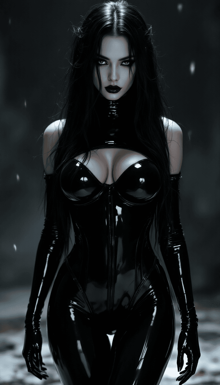 AI generated: vampire babe, black long hair, black full body tight latex outfit, underworld, white skin
