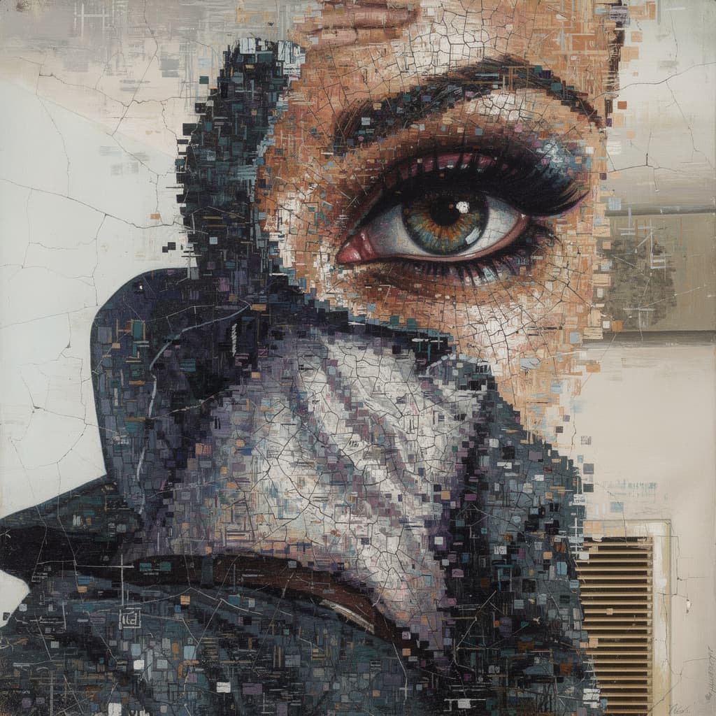 AI generated: abstract art painting of an eye, in the style of pixelated portraits, cracked, oversized portraits, ...
