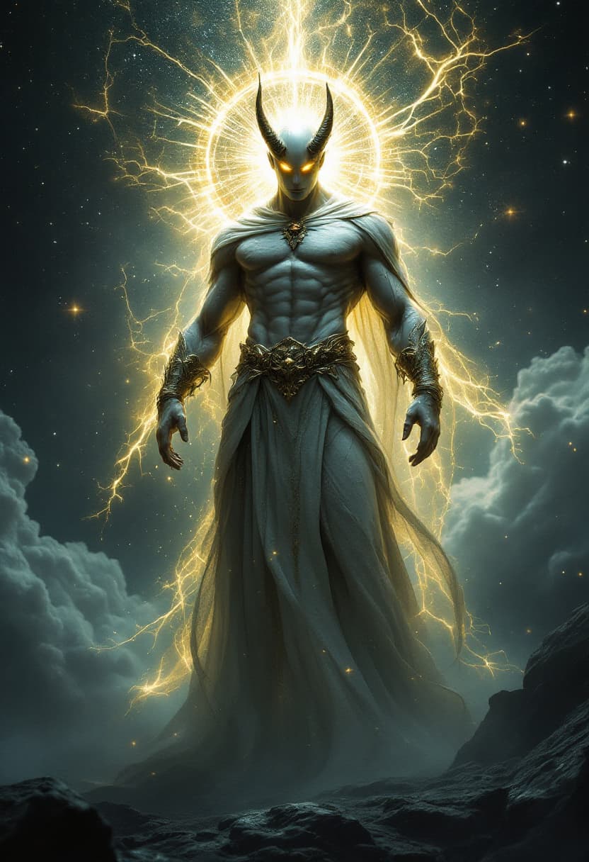AI generated: God of the Light, full-body, No Hair or mouth, Etherial, muscular, Glowing Golden eyes, epic, cinema...