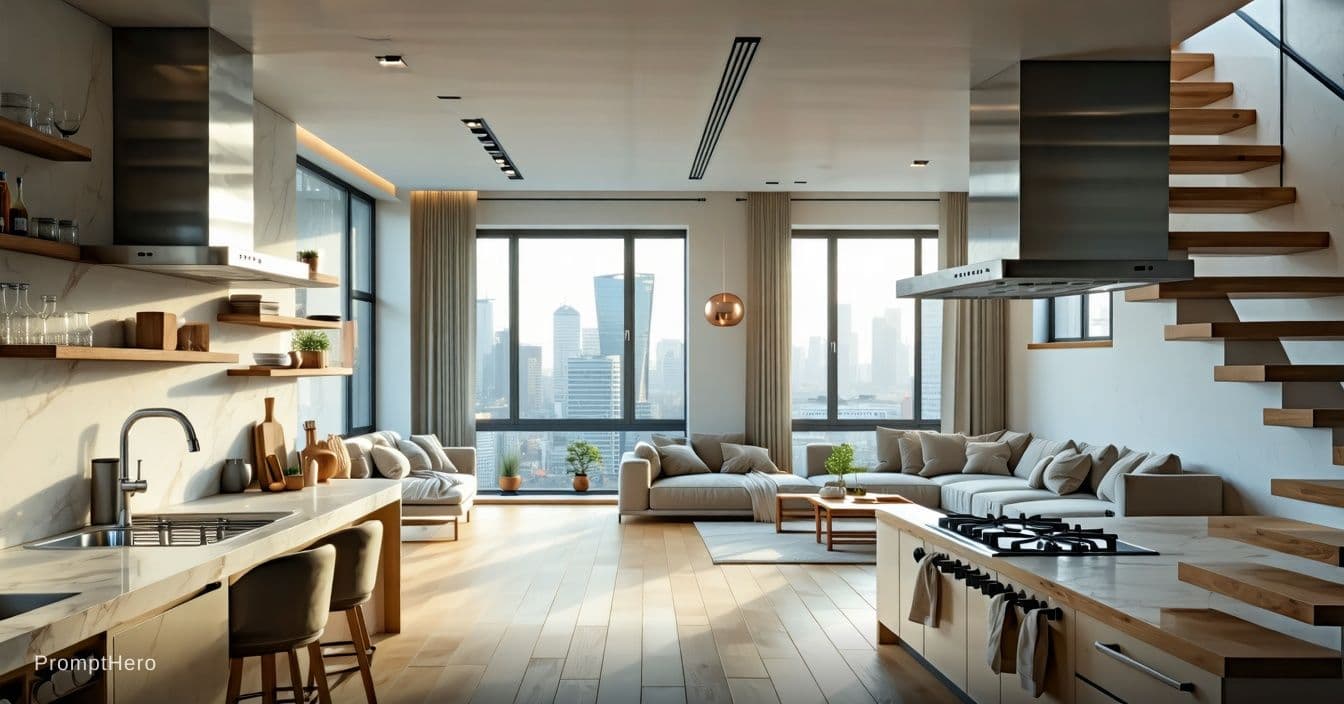 AI generated: interior design, open plan, kitchen and living room, modular furniture with cotton textiles, wooden ...