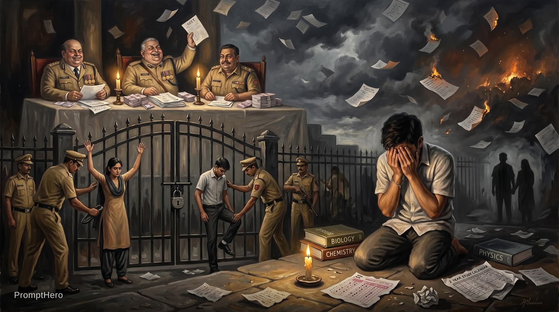 AI generated: The Weight of a Stolen Dream — NEET Paper Leak, India 2024
Oil painting in the style of Théodore Gér...
