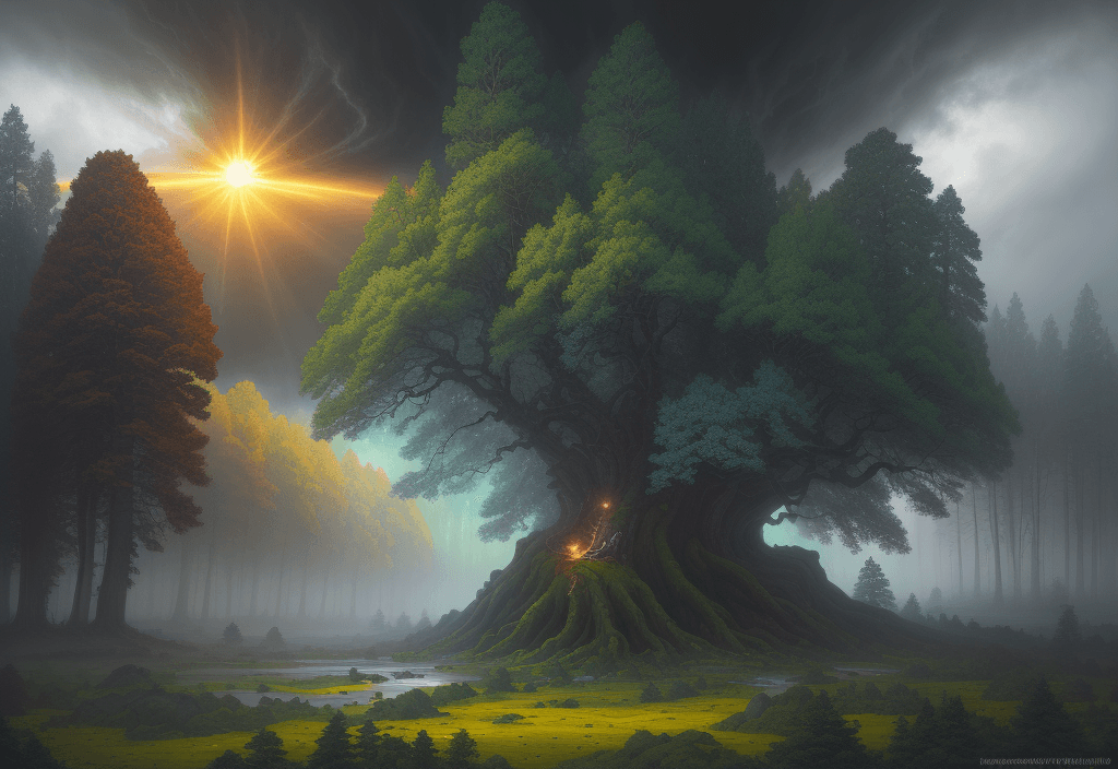 AI generated: 
landscape in Brittany, surrounded by trees, sun, foggy, massive storm clouds, Ivan Shishkin, Victo ...
