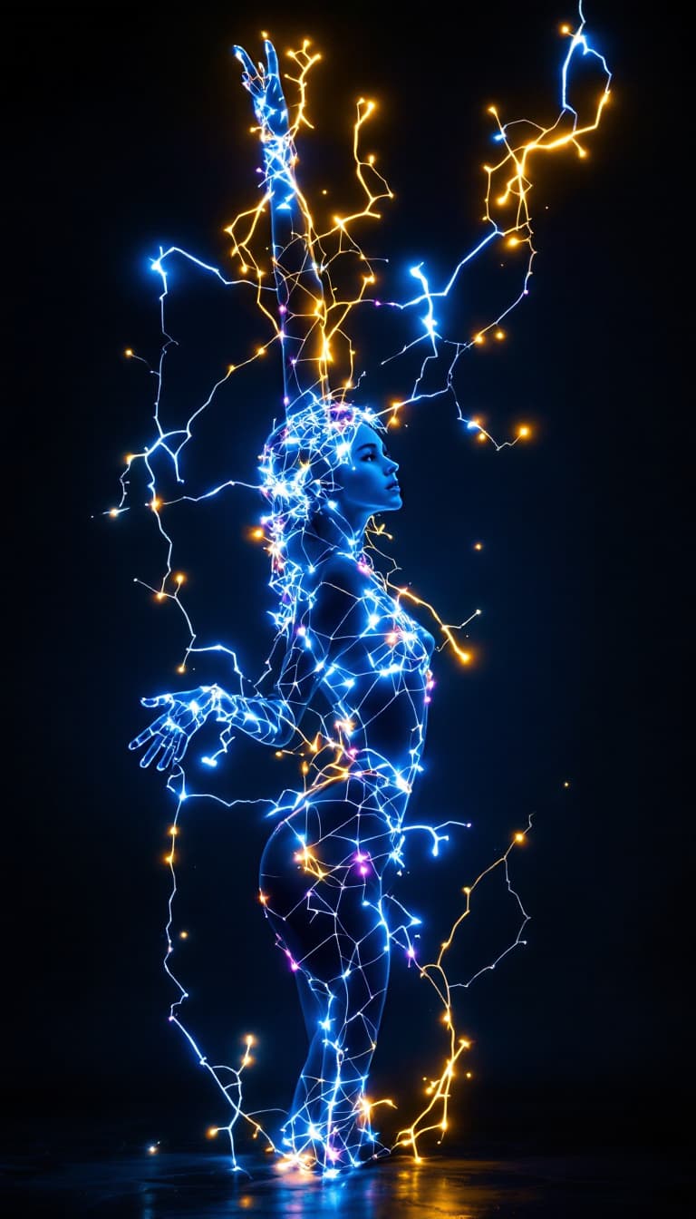 AI generated: A vibrant 17 year old woman, stretches her arms skyward, balanced on her toes, while her eyes hold a...