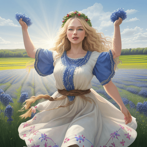 AI generated: - hyper realistic Slavic happy woman with blond wavy hair, plump lips, blue eyes, a wreath of cornfl...