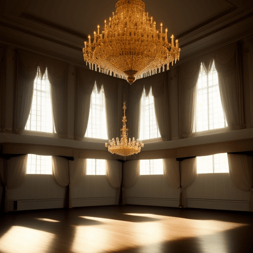AI generated: a chandelier in a completely empty ballroom with the shadows of the last dancers
