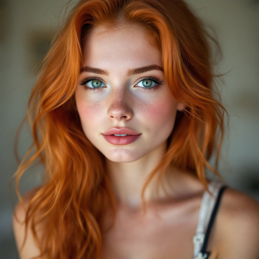 AI generated: 20 year old redhead girl, long red hair, stunning green eyes