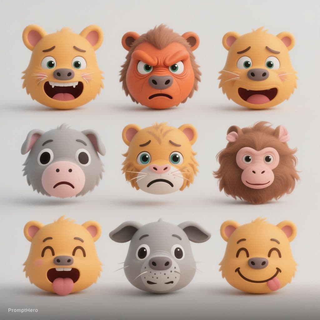 AI generated: Icons, set of icons, animal world, animals, various poses and movements, various emotions. Joy, Ange...