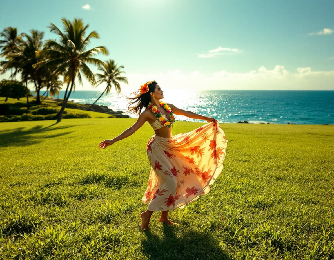 AI generated: In the golden sunlight of a peaceful afternoon, a Hawaiian woman performs a traditional hula dance o...