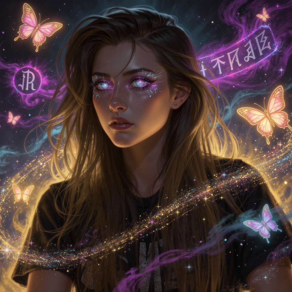 AI generated: A captivating fantasy portrait of a mysterious person standing in glowing enchanted mist, eyes shimm...