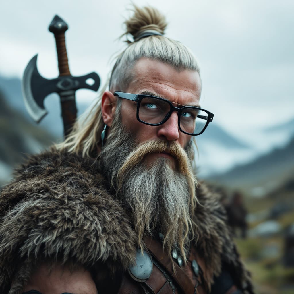 AI generated: Photo of a ultra realistic Viking with sword and axe, long hair gathered in a bun, ash blond hair, l...