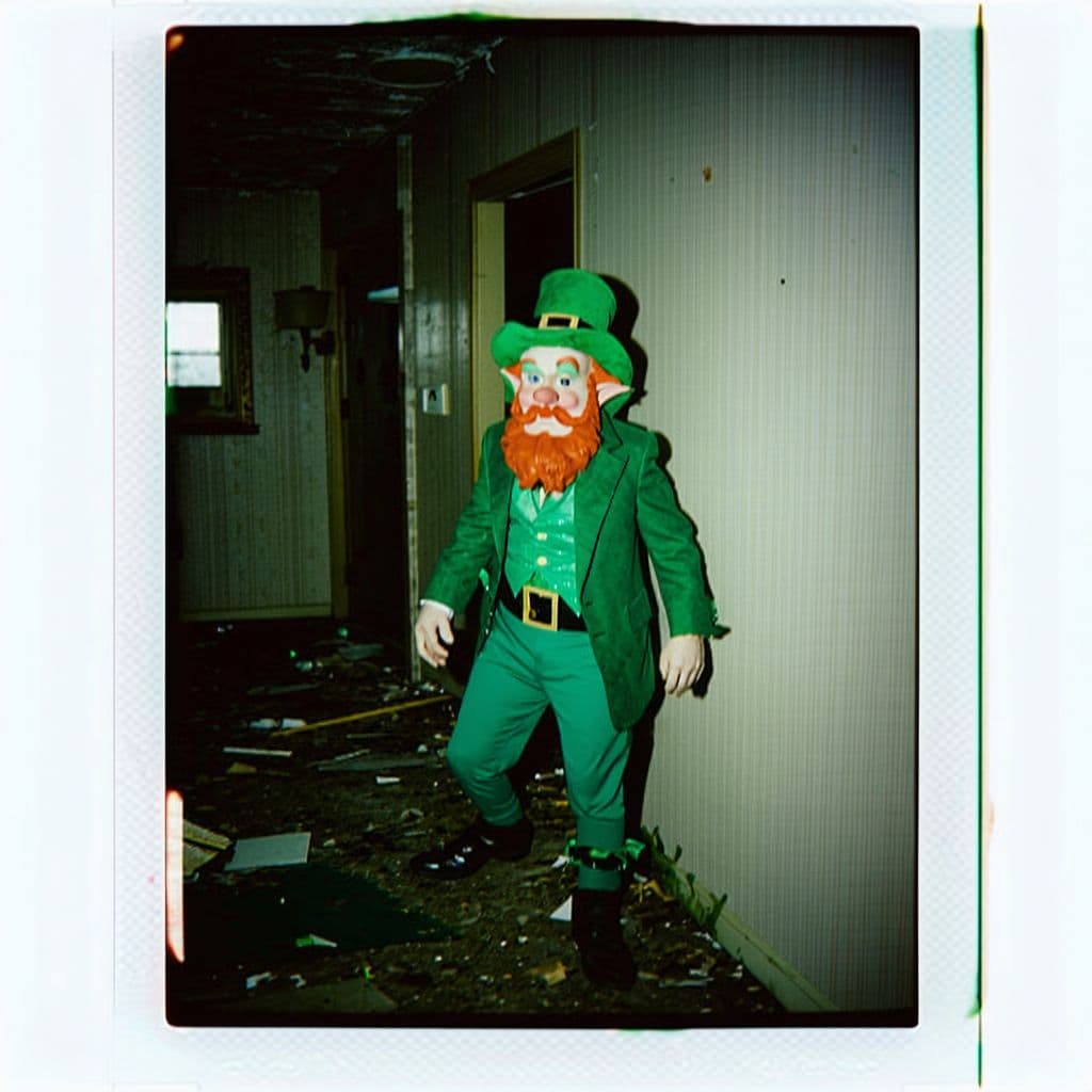 AI generated: grainy 80's photograph quality polaroid of a leprechaun caught in an abandoned house, dark, uncanny,...
