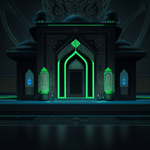 AI generated: AI mosque, black space, made of neon, little death, soul, masterpiece, art, intricate, precious, det...