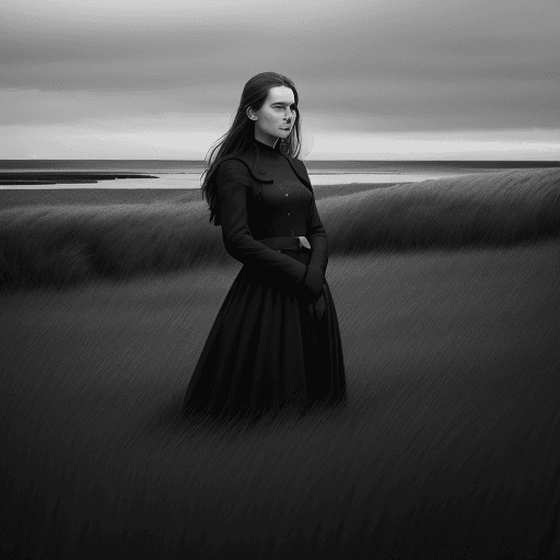 AI generated: a young woman standing in the grass, in the style of stark black-and-white photography, hasselblad 1...