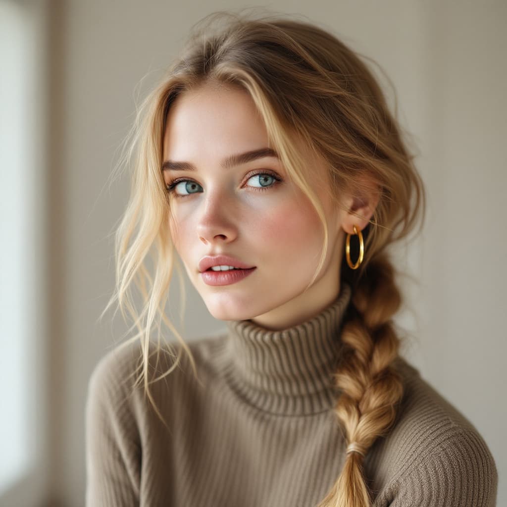 AI generated: A 25-year-old Scandinavian woman with strawberry blonde hair in a loose braid, peachy fair skin, wea...