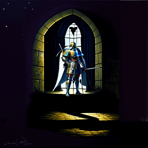 AI generated: Painting of a knight looking down in despair. Background has a love castle which is forever empty an...
