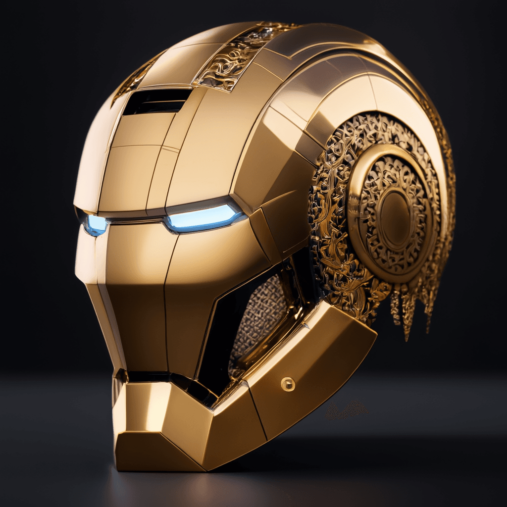 AI generated: headshot octane render of iron man helmet, looking to the left, chrome silk with intricate ornate we...
