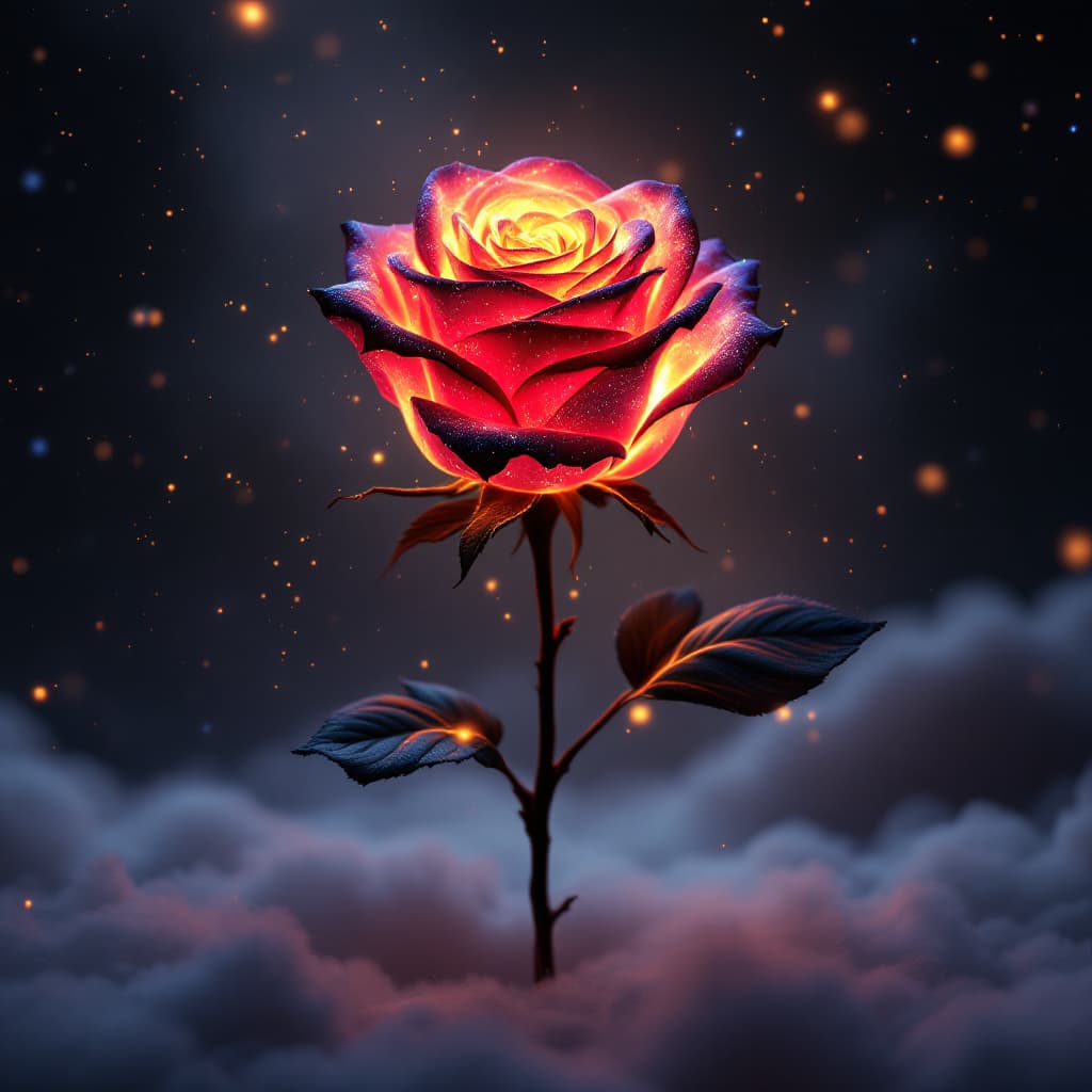 AI generated: A mesmerizing cosmic rose glowing with ethereal red and yellow hues, radiating soft neon light. The ...